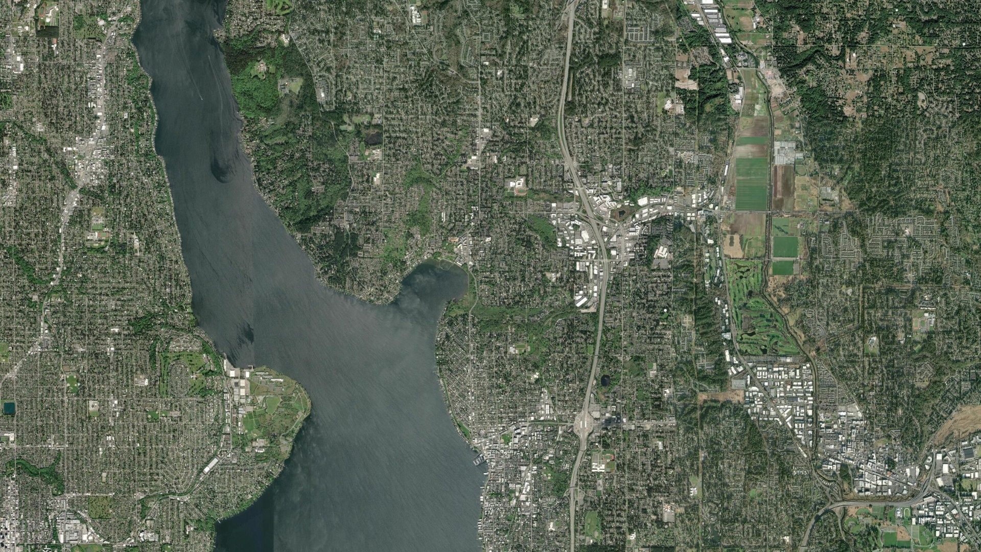 Satellite view of Kirkland, Washington on the eastern shore of Lake Washington, where Amazon produces Leo satellites.