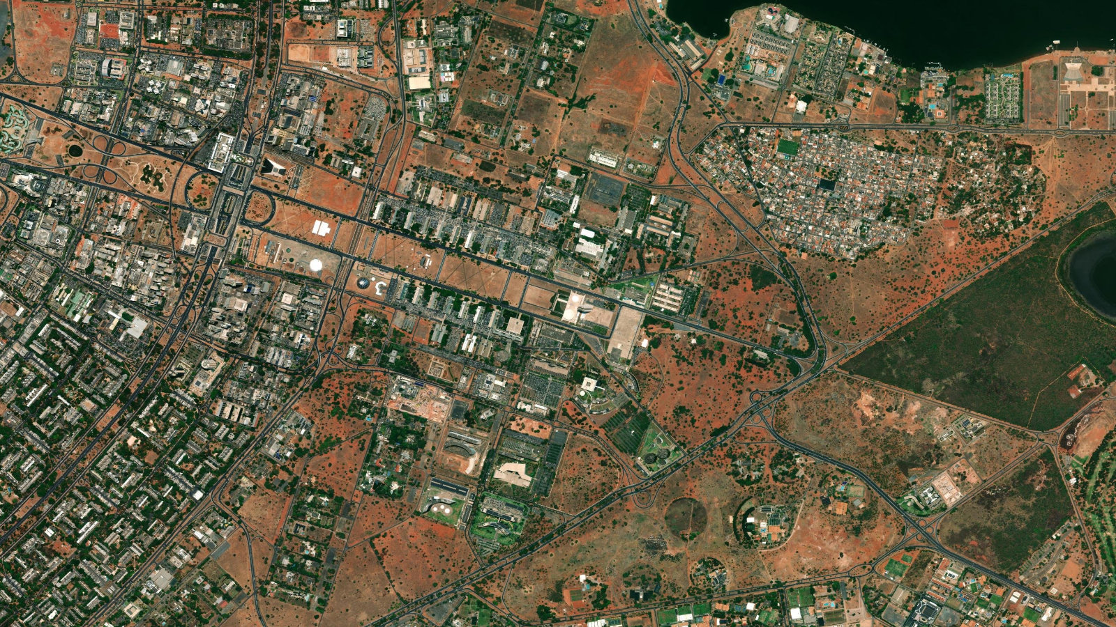 Satellite view of the monumental core of Brasília, the ministry blocks lined along the central Esplanade of Brazil's planned capital.