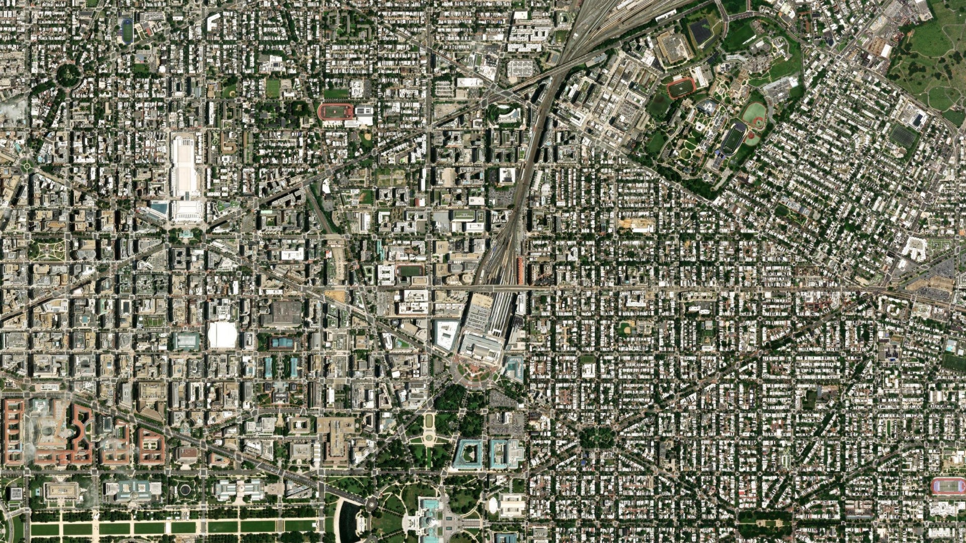 Satellite view of central Washington, DC, with the Capitol and the Mall to the south and the NoMa district where the FCC has its headquarters.