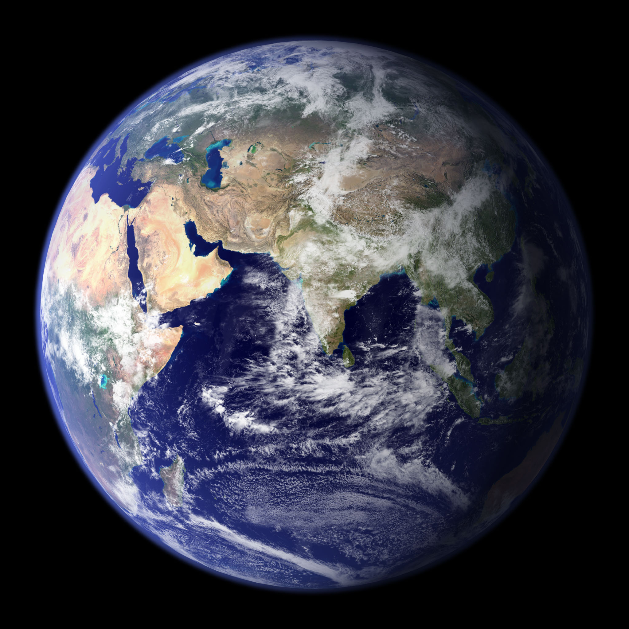 The full disk of Earth from space, Africa and Europe facing the sun.