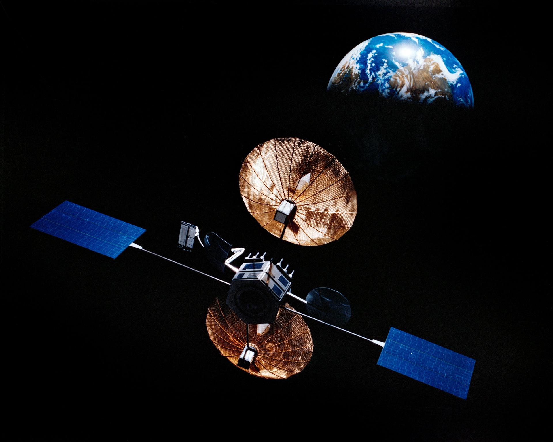 A satellite with gold mesh antennas and solar panels in orbit, with Earth in the background.
